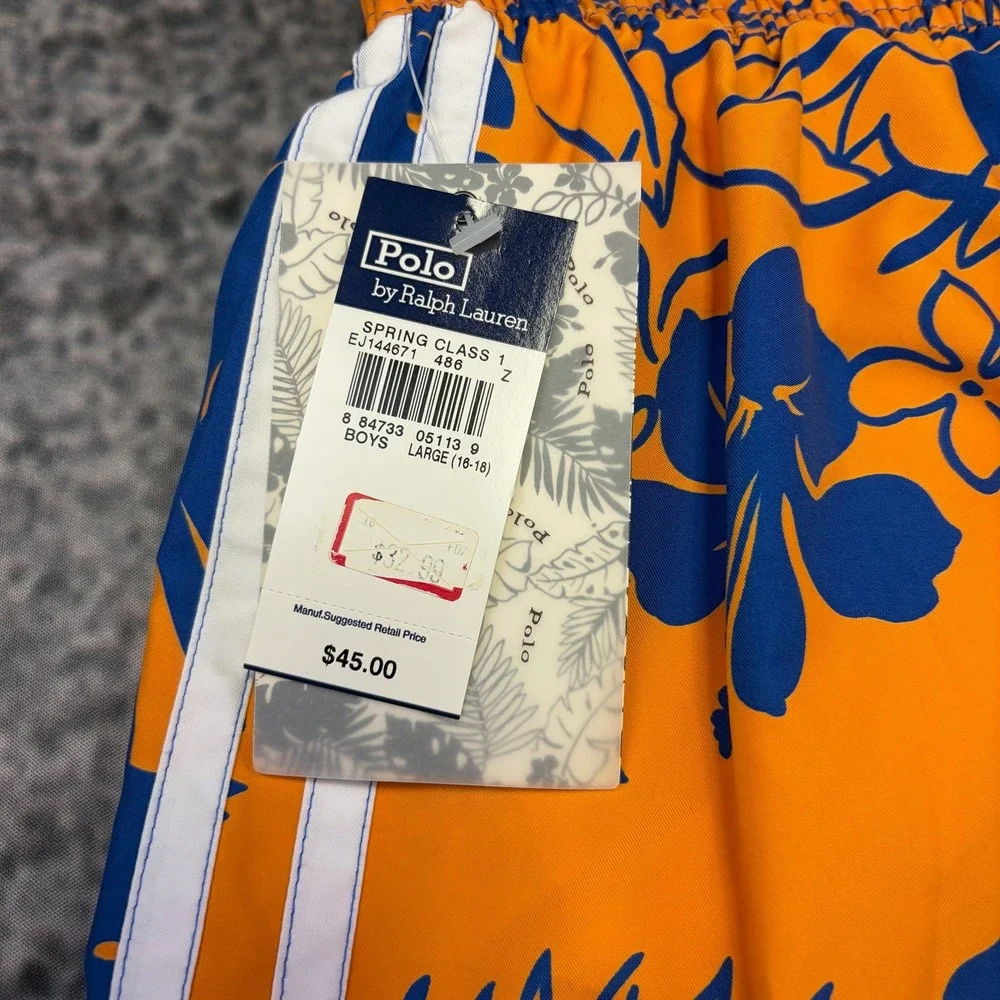 NWT VTG Polo Ralph Lauren Board Shorts Youth Medium Orange Blue Tropical Flora